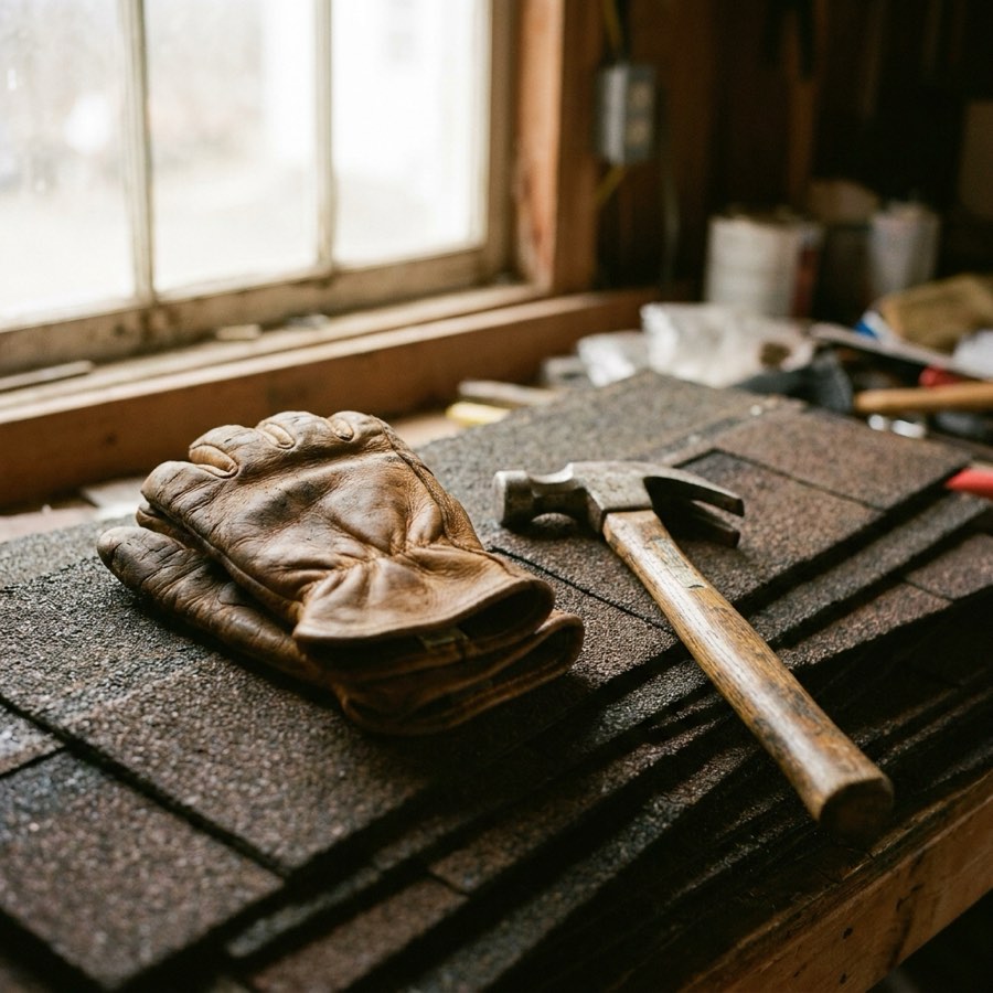 Work gloves resting on architectural shingles